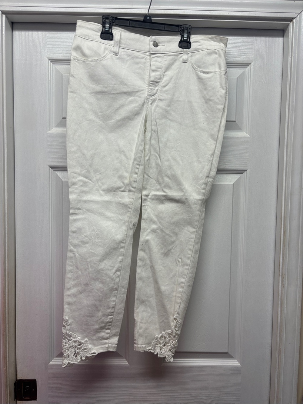 NYDJ Romantic Clarissa Ankle Women’s White Crocheted Lace-Hem Jeans 10 Petite
